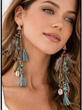 New Boho Feather Tassel Earrings Turquoise Beaded Tribal Dangle Long Drop Unique